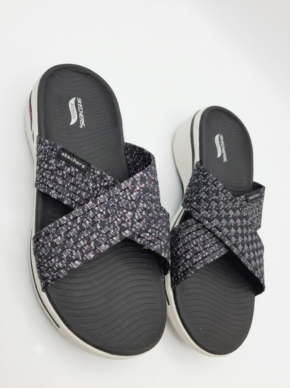Size 9 Skechers Arch Fit Crossband Slide Sandals Black Shoes Slides
